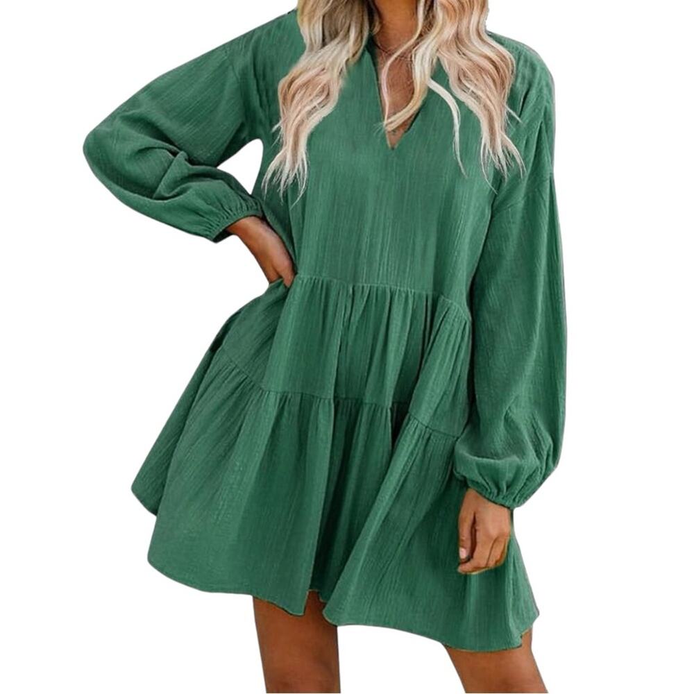 Fancyinn cute shift tunic dress ruffle swing babydoll with pockets green size S